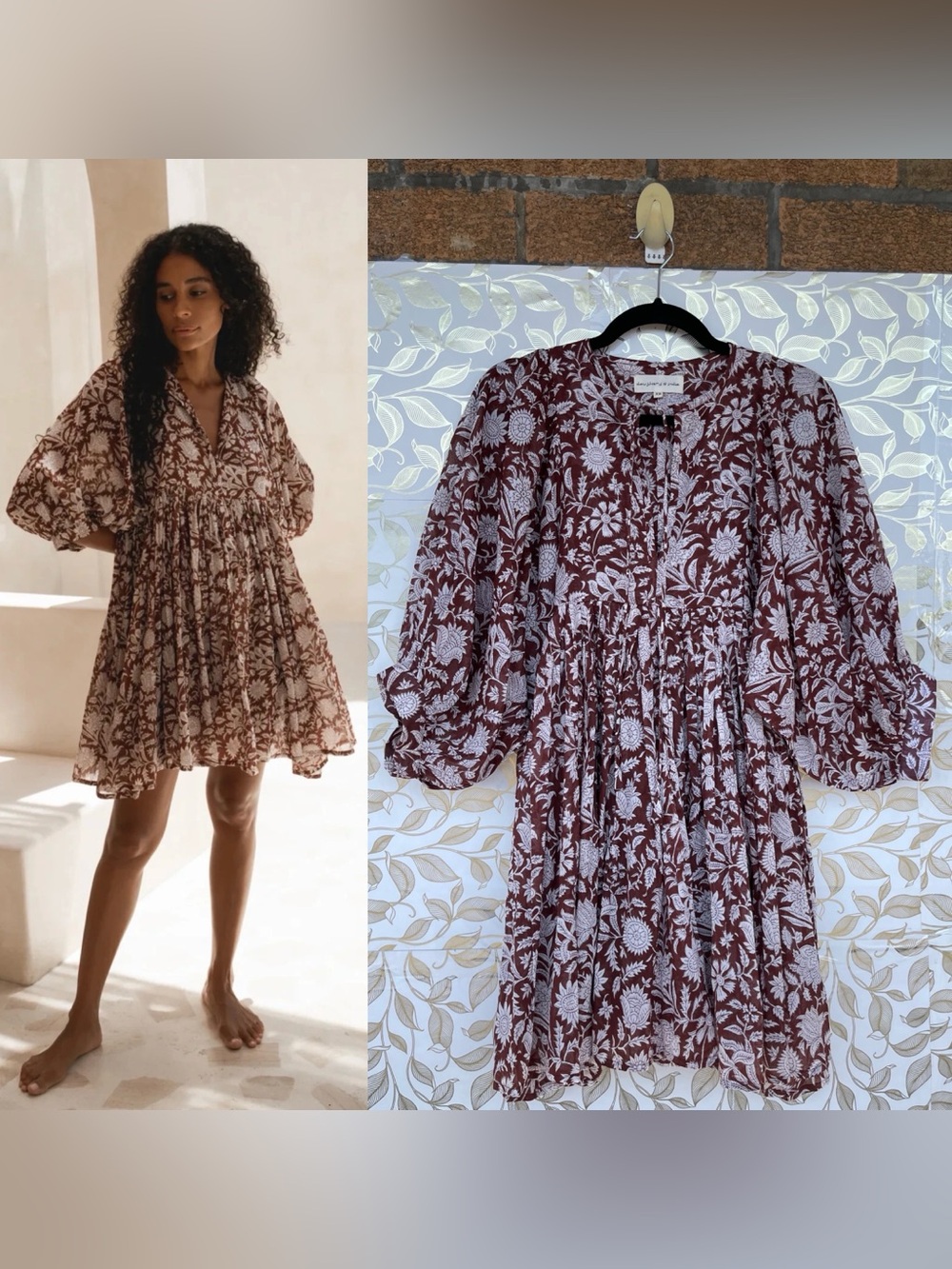 Daughters of India Maroon Floral Cotton Mini Dress XS Boho - Picture 1 of 17